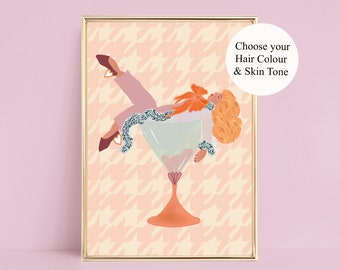 Blush Lilac Martini Cocktail Bar Drinks Art Print | A4 A3 | Check Houndstooth, Girl In Glass, Female Fashion Illustration, Pastel Wall Art