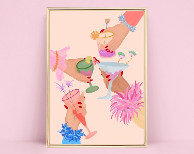 Prost Cocktail Kunstdruck | A5 A4 A3 | Bunte Funky Wandkunst, Einzigartiger Getränke Druck, Eklektisches Wohndekor, Maximalismus, Mode Illustration