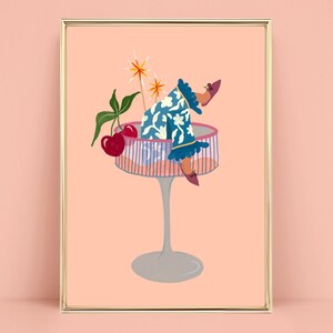 May include: A whimsical illustration of a person's legs and feet sticking out of a tall glass with a pink and blue striped pattern. The glass is filled with a pink liquid and topped with a cherry and a sparkler. The person is wearing a blue and white floral patterned dress.
