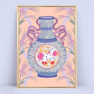 Snake Vase Print | A5 A4 A3 Unframed | Funky Wall Art, Boho Plants, Colourful Home Décor,   Eclectic Vase, Animal Print, Maximalist Home