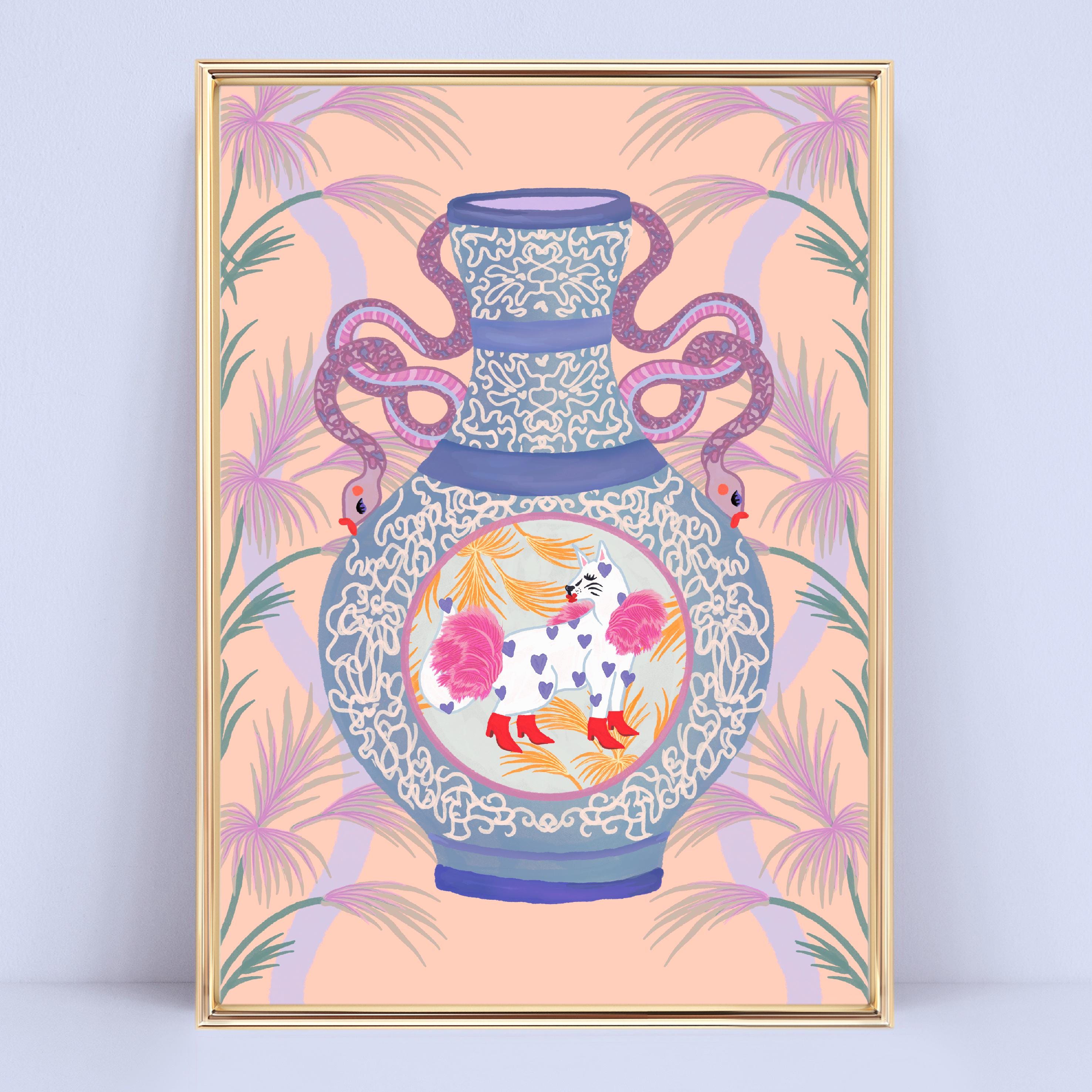 Snake Vase Print | A5 A4 A3 Unframed | Funky Wall Art, Boho Plants, Colourful Home Décor,   Eclectic Vase, Animal Print, Maximalist Home
