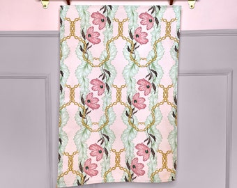 Pretty Pink Floral Cotton Tea Towel | Flowery Illustration Art | Leopard Print, Botanical, Eclectic, Pastel, Country Kitchen Decor