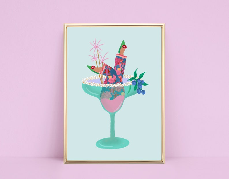 illustrated art print of legs in a cocktail glass wearing floral print trousers with blueberries and sparklers