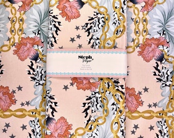 Magical Floret Peach Floral Cotton Tea Towel | Illustrated kitchen textiles | Whimsical design spring flowers, stars, botanical kitchen