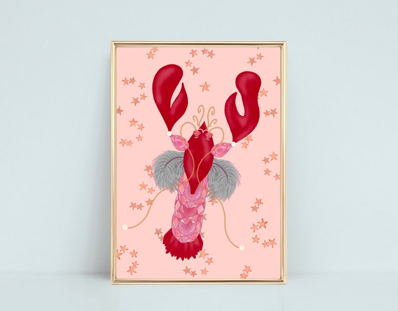 Lobster Art Print A5, A4, A3 Unframed Colourful Stars, Statement Kitchen Wall Art, Pink And Red Fancy Maximalist Home Print image 1