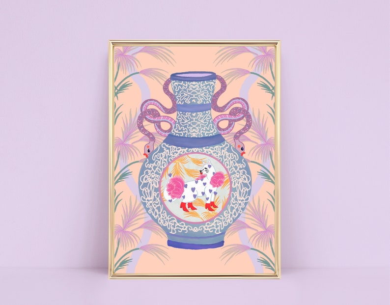 illustrated print of a cat vase with snake handles and floral details