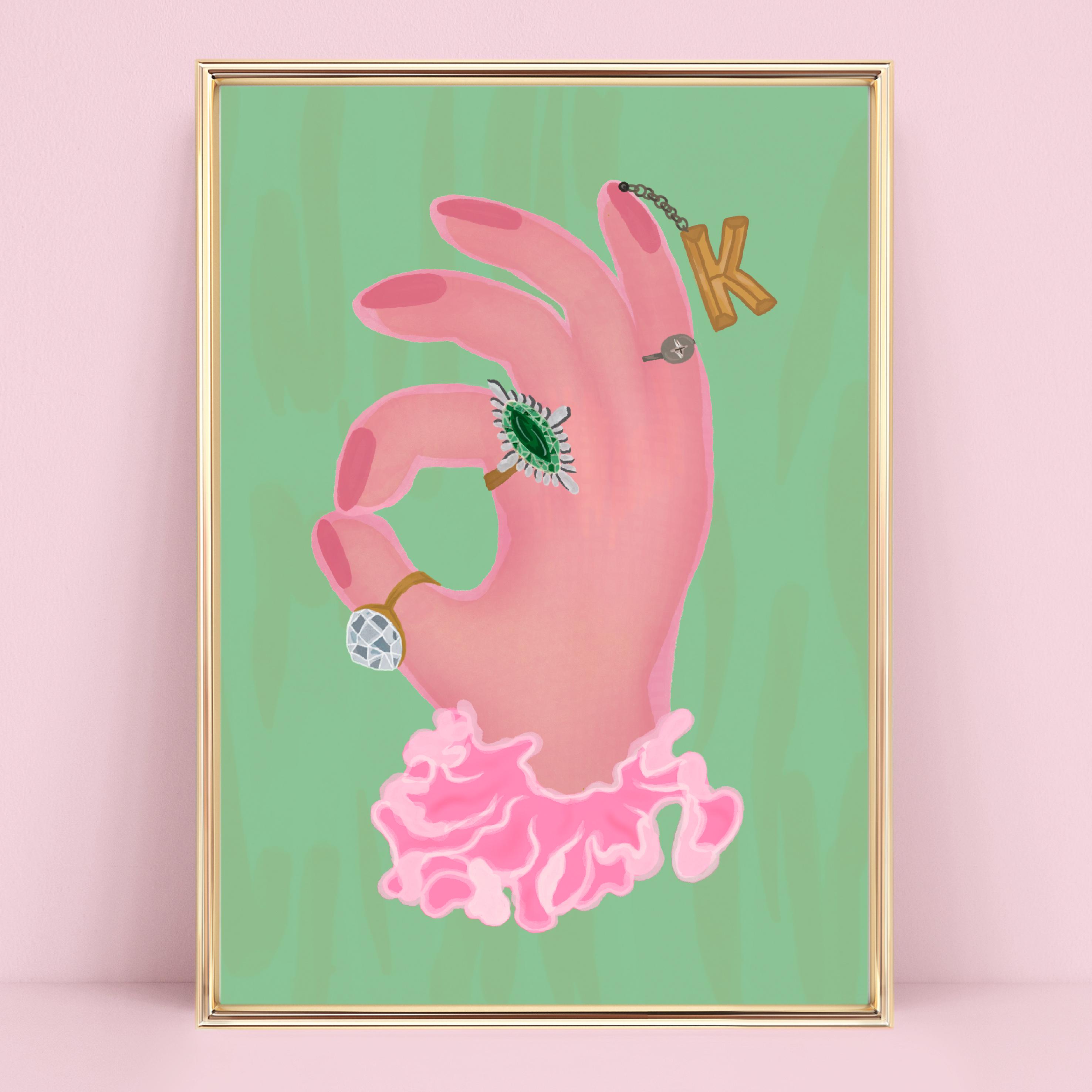 Stampa del gesto della mano "Ok" / A5 A4 A3 senza cornice / Stampa positiva, arte femminile, accessori di gioielleria illustrati, illustrazione di moda divertente