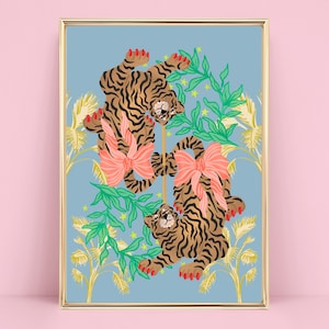 Retro Tiger Art Print: Botanical Palm Leaf, Blush Bows