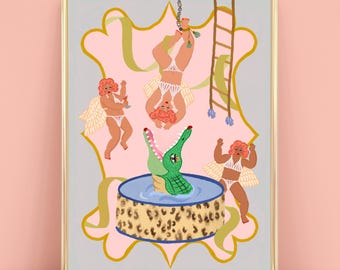 Crocodile Circus Fashion Show Girls Art Print | A5, A4, A3 | Bright Colourful, Cherub Angel Funky Illustration, Humorous Quirky Wall Art