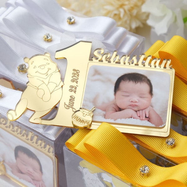 1st Birthday Winnie the Pooh birthday Theme Photo Magnet Favors, Personalized Photo Frame Favors for First Birthday Boy & Girl, 1st Birthday