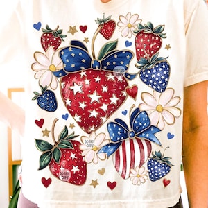 Boho 4 juillet fraise PNG, design sublimation noeud patriotique, preppy fraises Png, mignon coquette fête de l'indépendance téléchargement numérique