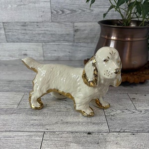 Vintage Porcelain Ceramic Cocker Spaniel Dog Figurine - Gold and White