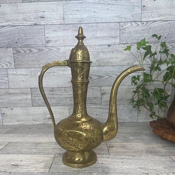 Vintage Etched Brass Ewer Teapot - Intricate Etched Design, made in India