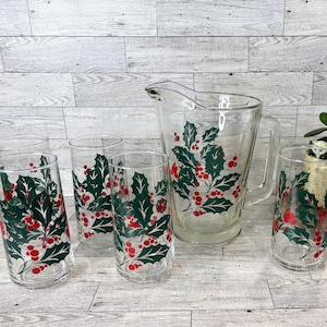 Vintage Crisa Christmas Holly Berry 7-teiliges Set - Krug und sechs Gläser, Urlaubsglas, Made in Mexico