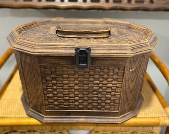 Grand panier à coudre Lerner vintage - Récipient de rangement pour couture en imitation bois