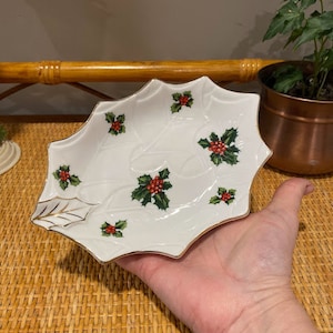 Vintage Lefton China Christmas Dish with Holly and Berries #8193