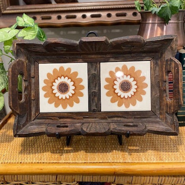 Vintage Hand Carved Wood Tray with Mexican Tile Inlay