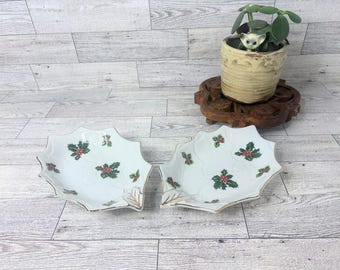 Vintage Lefton China Christmas Dish with Holly and Berries #8193