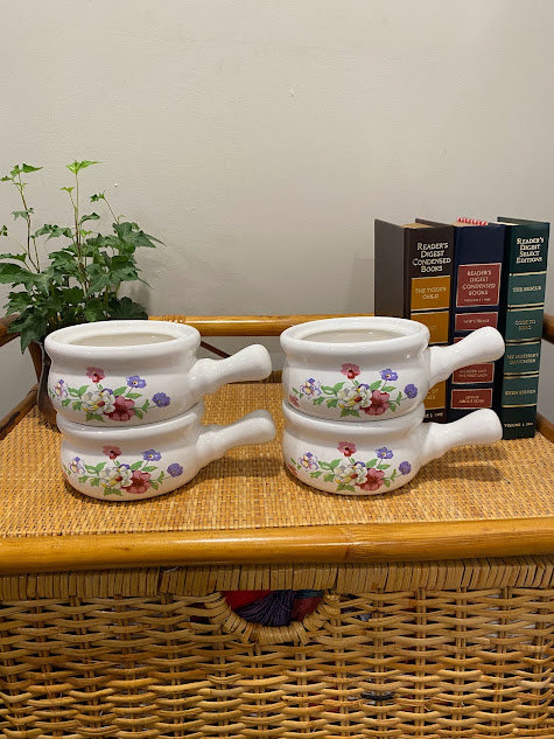 Vintage Soup Mug With Handle Soup Crock With Pansie Floral Design