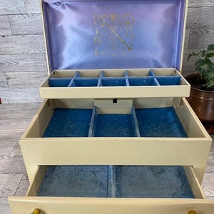 Portagioie vintage Mid-Century Lady Buxton color crema e blu, anni &#39;60 - Portagioie anni &#39;50 e &#39;60, arredamento per toeletta di metà secolo