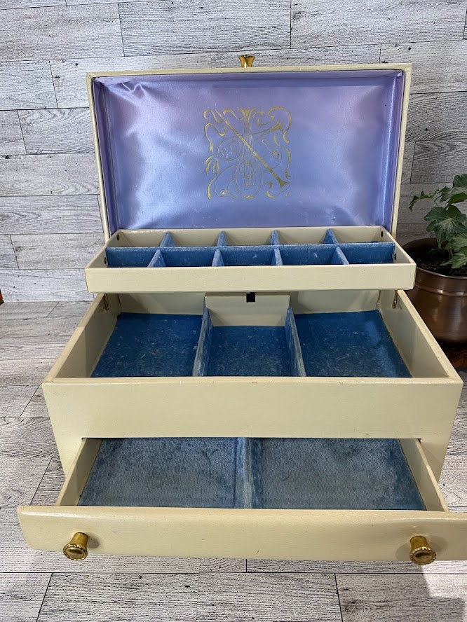 Vintage Midcentury Lady Buxton Cream and Blue 1960's Jewelry Box