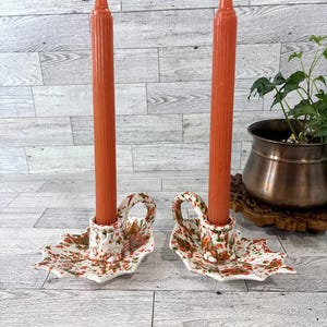 Vintage MCM Holly Ceramic Candlesticks - Set of Two for Taper Candles, Christmas Decor, Ceramic Splatterware