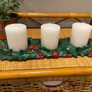 Vintage Ceramic Christmas Half Round Candleholder Holly Berry Decorations