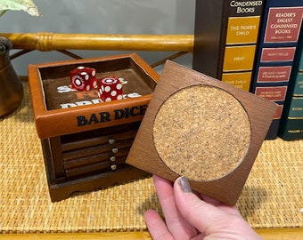 Vintage Enesco "Shake For Drinks" Wooden Coaster Set with Dice Box