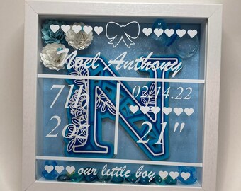 May include: A white frame with a blue background and white lettering. The lettering says "Noel Anthony" and "our little boy". There is a large blue "N" in the center of the frame. The date "03.14.22" and the measurement "21" are also included.
