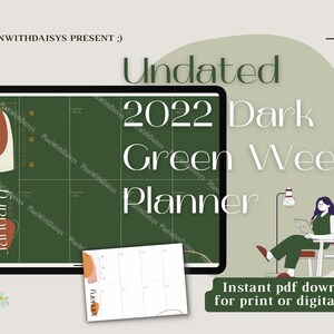 Peut inclure: Planificateur hebdomadaire non daté 2022 vert foncé avec une illustration numérique d'une personne assise sur une chaise et travaillant sur un ordinateur portable. Le planificateur est disponible en téléchargement PDF instantané pour impression ou utilisation numérique.