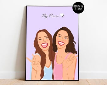 Retrato personalizado de una amiga: ilustración de dibujos animados, regalo de cumpleaños para ella.