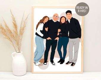 Ritratto di famiglia in stile cartone animato: illustrazione personalizzata senza volto, stampa digitale, disegno personalizzato da foto