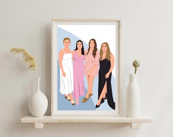 May include: A framed art print featuring an illustration of four people in various outfits. The women are depicted in a white dress, a pink dress, a pink romper, and a black dress. The artwork is displayed on a white shelf with decorative vases.