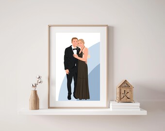 May include: A framed illustration of a couple in formal attire. The man wears a black tuxedo with a bow tie, and the woman wears a dark brown gown. A light blue shape is in the background. The frame is light brown.