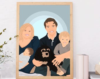 Custom Family Portrait With Dog, Pet Portrait From Photo