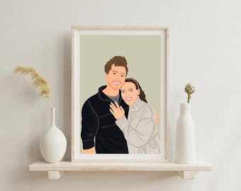 May include: A framed portrait of a couple, rendered in a minimalist style. The man wears a black jacket over a gray shirt, while the woman is in a white sweater. The artwork is displayed on a white shelf, with decorative vases and a sprig of dried grass.