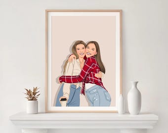Custom Friend Portrait: Birthday Gift for Her, Cartoon Illustration, Personalized Drawing from Photo