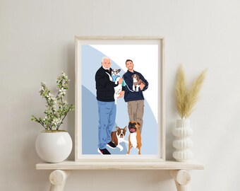 Custom Family Portrait with Pets: Personalized Portrait from Photo, Dog Memorial Gift, Digital Illustration