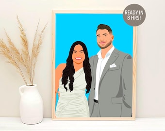 May include: A digital illustration of a couple, a woman with long dark hair wearing a white dress and a man with short brown hair wearing a gray suit. The background is a solid blue color.
