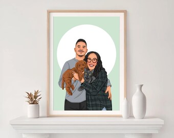 Custom Family & Pet Portrait From Photo: Dog Memorial Gift, Cartoon Illustration, Digital Print