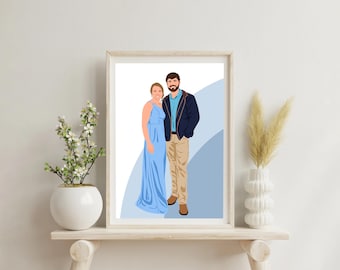 May include: A framed illustration of a couple. The woman is wearing a light blue dress, and the man is wearing a navy blue jacket, blue shirt, and khaki pants. The artwork is displayed on a white shelf with decorative plants.