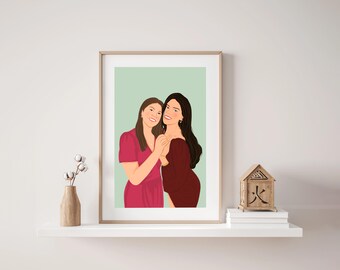 Personalized Friend Cartoon Portrait, Custom Sister Gift (Digital Download)