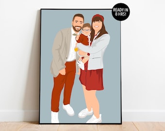 Cartoon Familienporträt vom Foto: Benutzerdefinierte Illustration, personalisierter Digitaldruck, Geschenk für Eltern