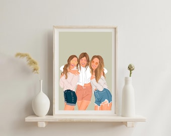 Custom Cartoon Portrait, Best Friend Drawing, Illustration from Photo, Personalized Gift for Sister, Friendship Gift, Best Friend Group