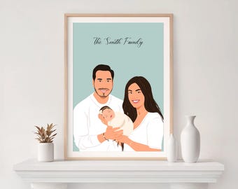 Custom Family Portrait Illustration: Personalized Drawing from Photo, Digital Print, Gift for Parents