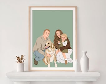 Cartoon Family Portrait with Dog: Personalized Illustration from Photo, Pet Memorial Gift