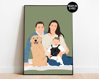 Custom Family & Pet Portrait From Photo: Personalized Drawing, Digital Illustration Gift