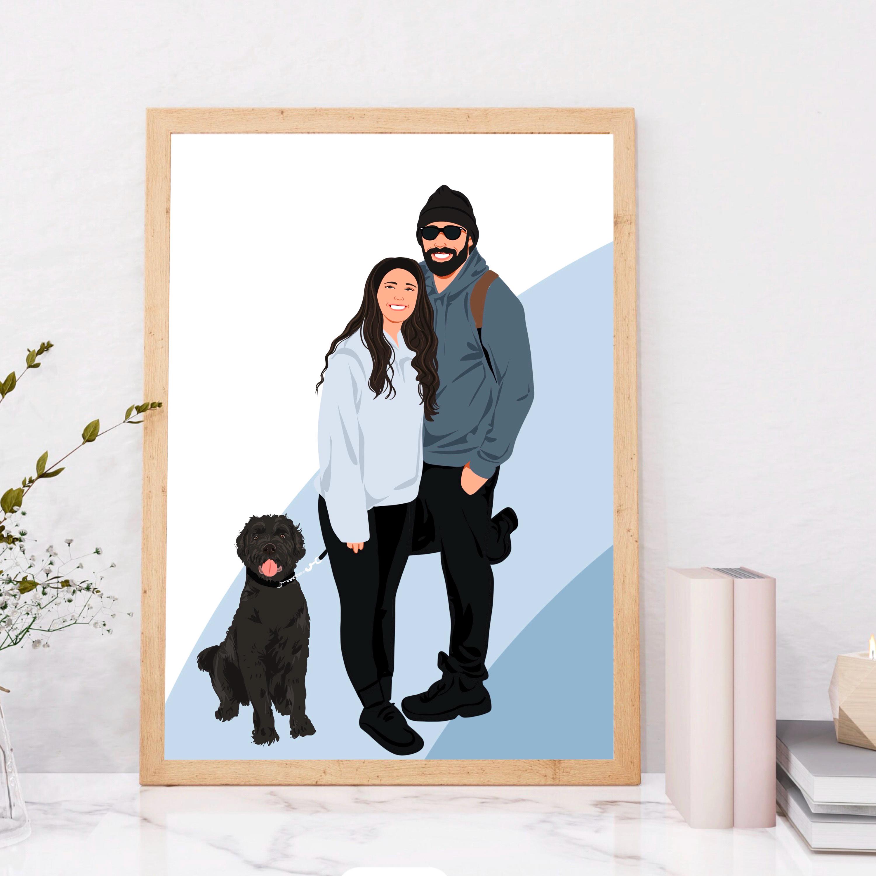 Custom Family Portrait With Dog, Pet Portrait From Photo