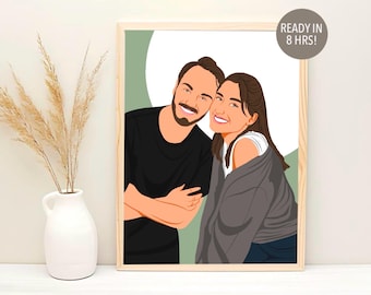 May include: A digital illustration of a couple, a man and a woman, with a green background. The man is wearing a black shirt and the woman is wearing a gray sweater. They are smiling and looking at the camera.