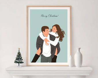 Custom Couple Portrait, Christmas Gift for Boyfriend, Cartoon Illustration, Drawing from Photo